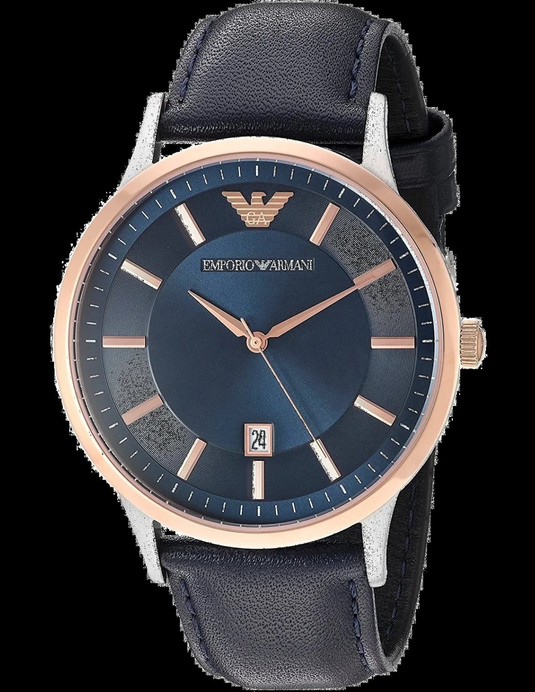 Montre Emporio Armani AR2506 avec cadran bleu soleil, aiguilles argentées et index bâtons pour un look chic décontracté