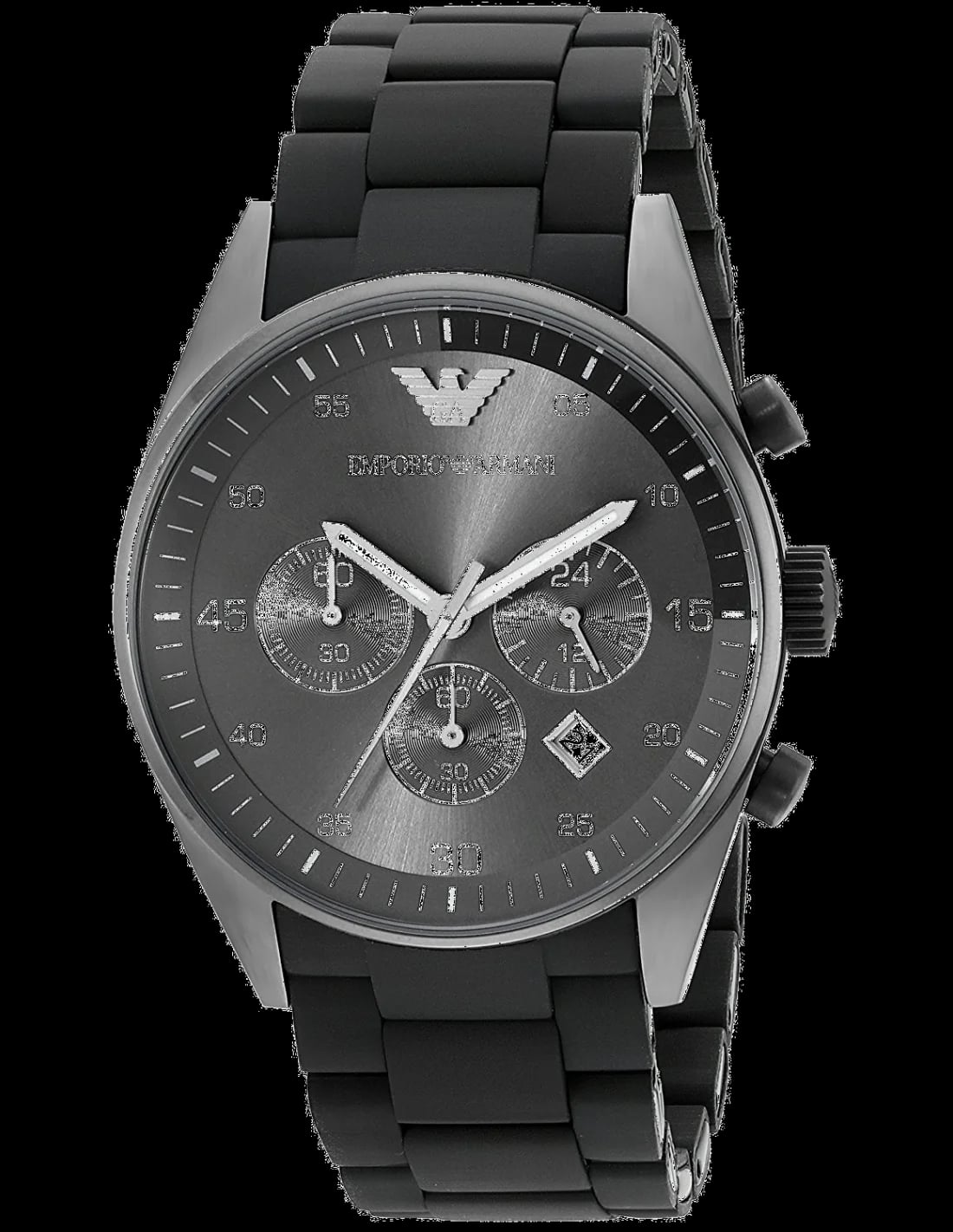 Montre Emporio Armani AR5889 au cadran noir soleil, aiguilles argentées et index bâtons pour un style épuré