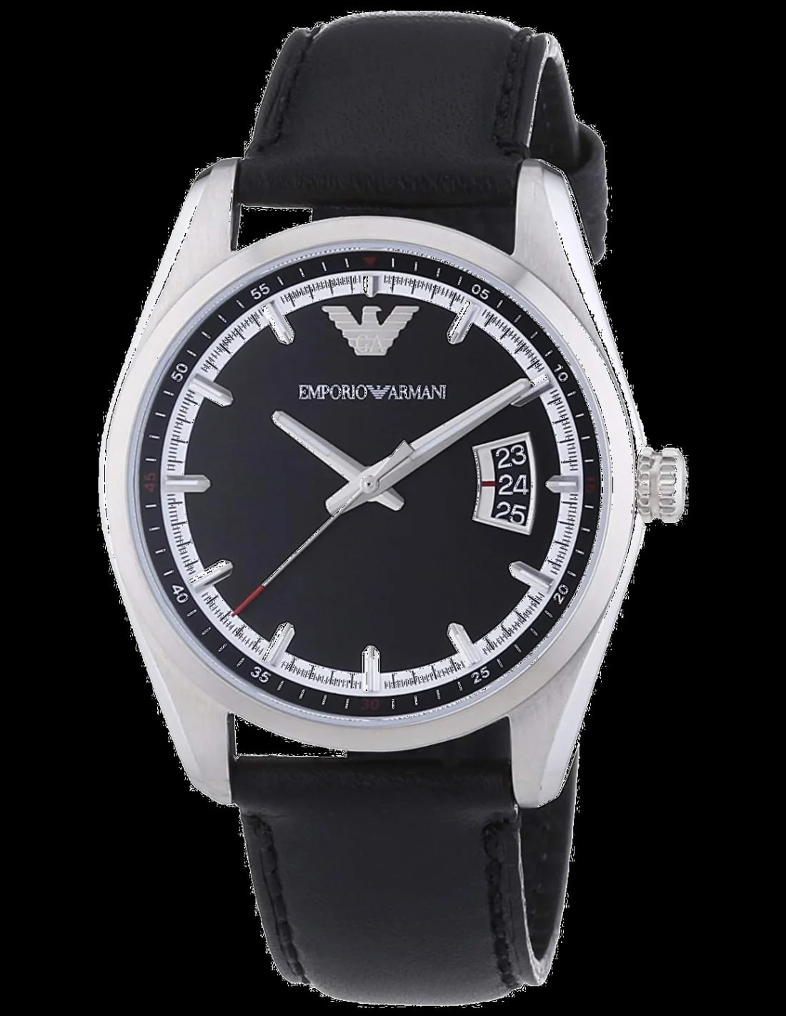 Montre Emporio Armani AR6014 au cadran noir soleil avec index bâtons argentés et aiguilles luminescentes
