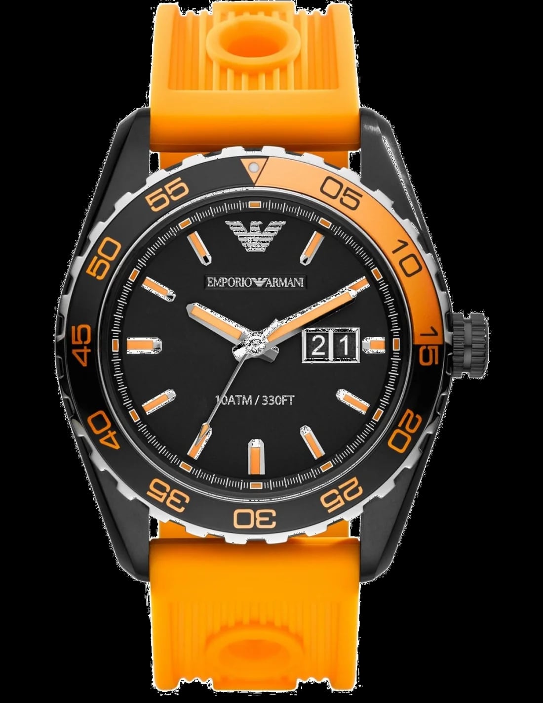 Montre Emporio Armani AR6046 avec cadran blanc et index bâtons sur fond soleil