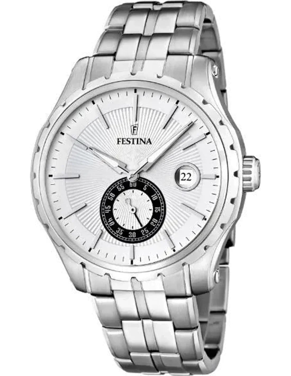 Montre Festina F16679/1 cadran argenté soleil, design rétro chic, look vintage élégant avec finition polie et brossée