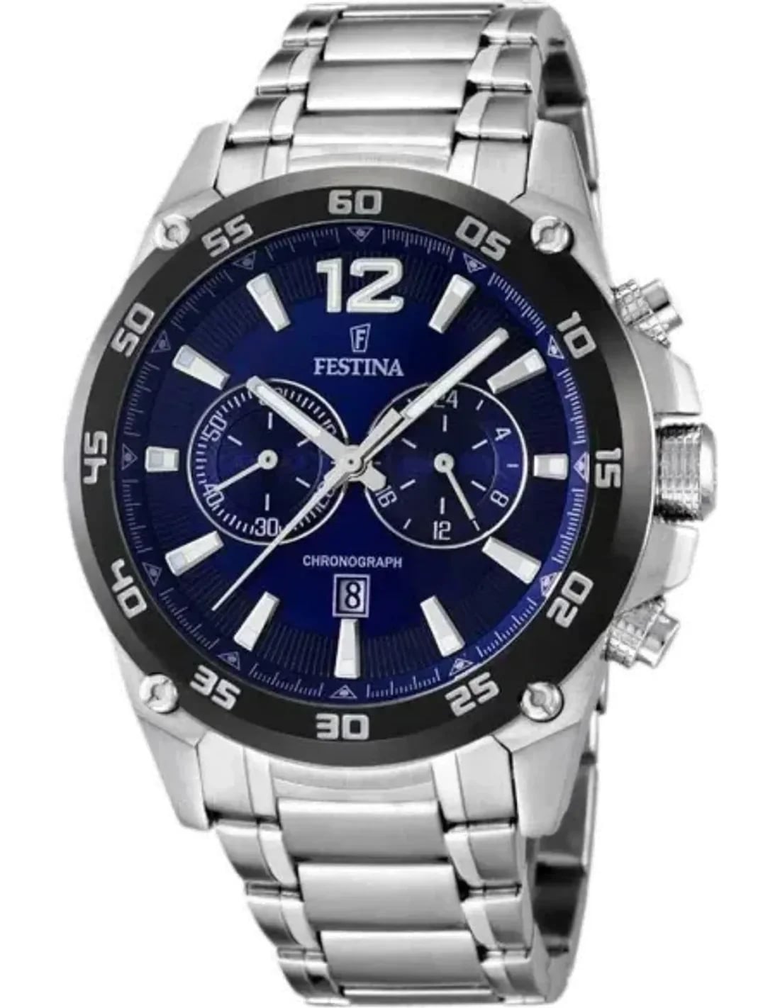 Montre Festina F16680/2 cadran bleu soleil, index bâtons argentés et aiguilles luminescentes, style sport chic