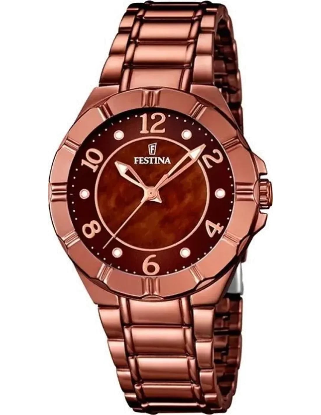 Montre Festina F16729/1 au cadran marron soleillé, boîtier acier et or rose, style chic décontracté