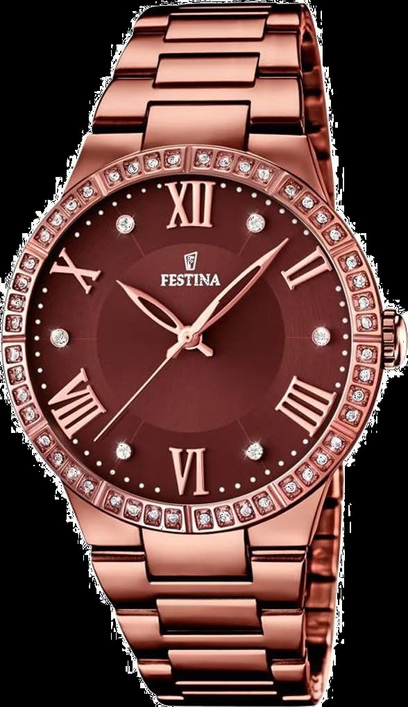 Montre Festina F16801/1 au cadran bronze serti de strass, aiguilles et index argentés sur fond marron