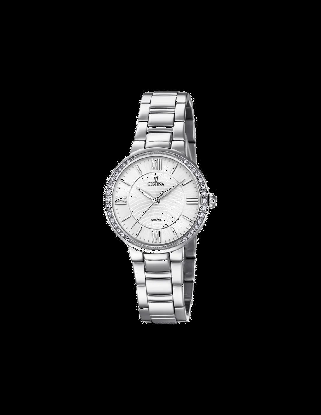 Montre Festina F20220/1 cadran blanc nacré avec cristaux sur lunette, acier argenté, style élégant