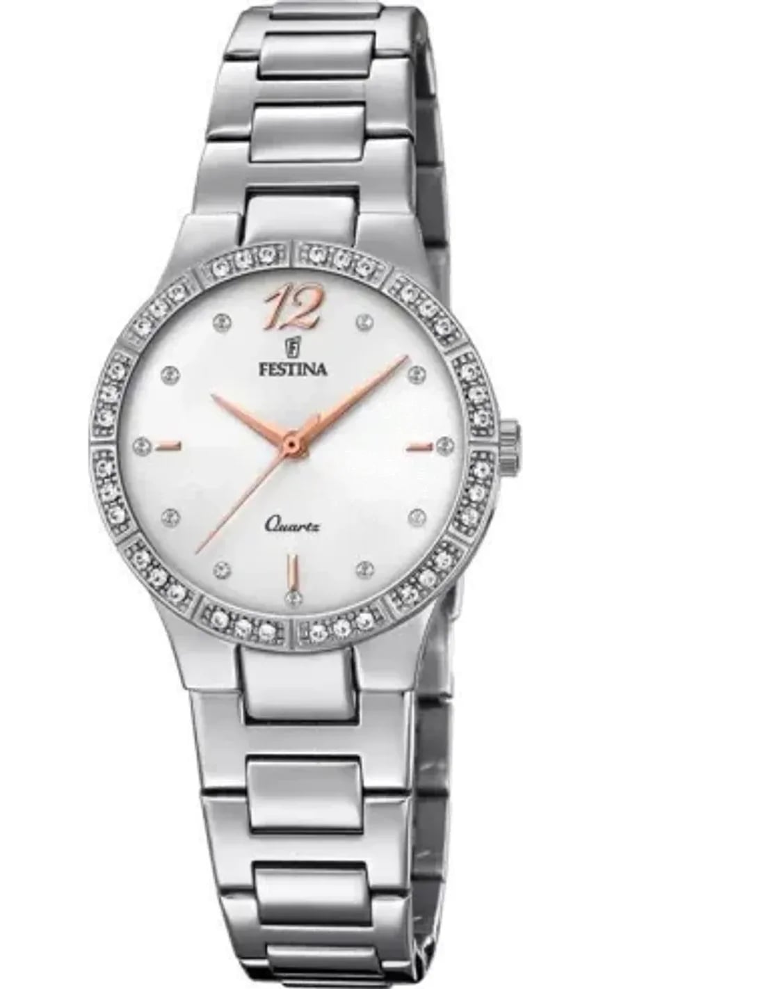 Montre Festina F20240/1 cadran blanc nacré et cristaux scintillants sur index, aiguilles fines style classique