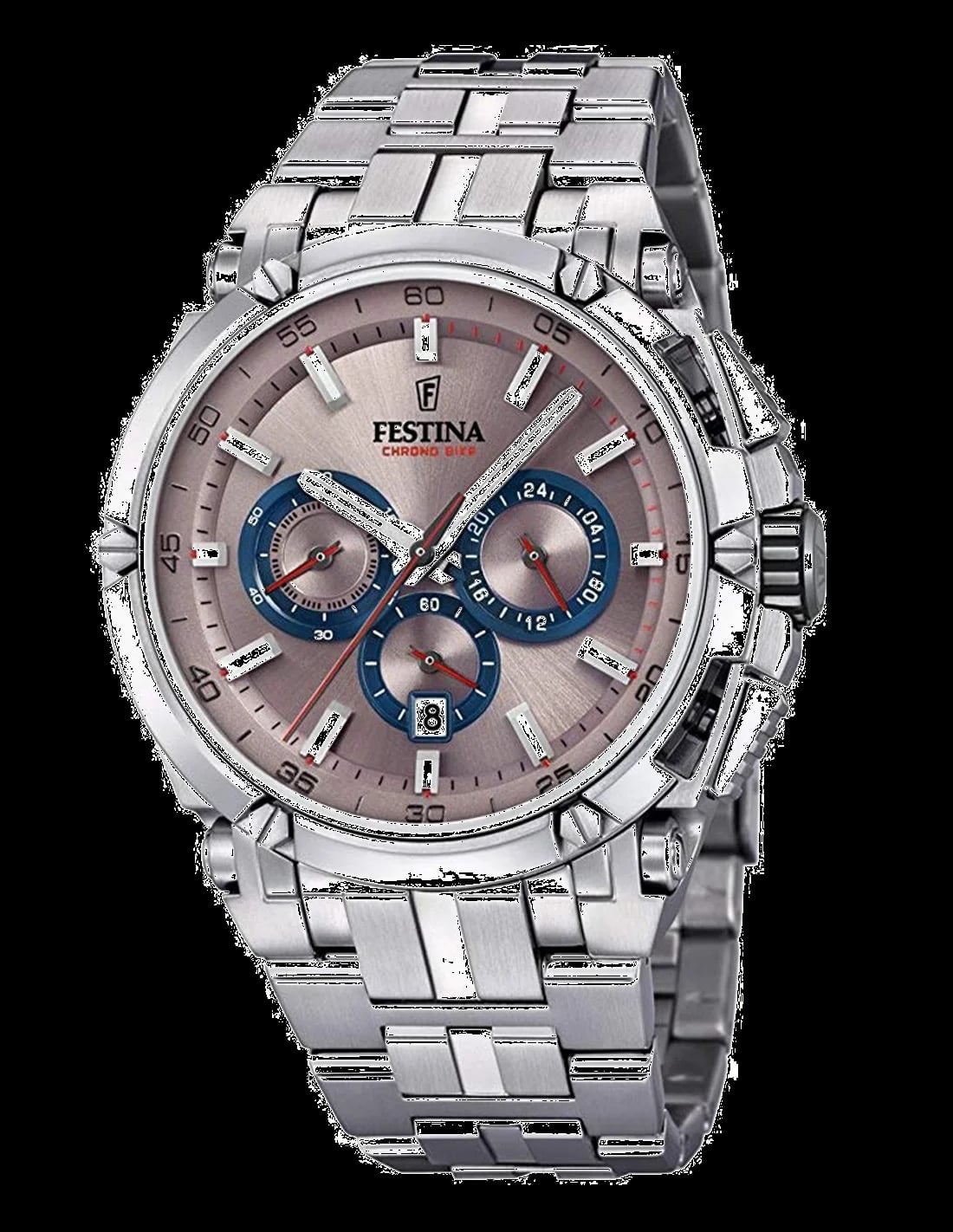 Montre Festina F20327/5 cadran bleu soleil, index bâtons et aiguilles luminescents, compteurs chrono noirs, guichet date à 4h30