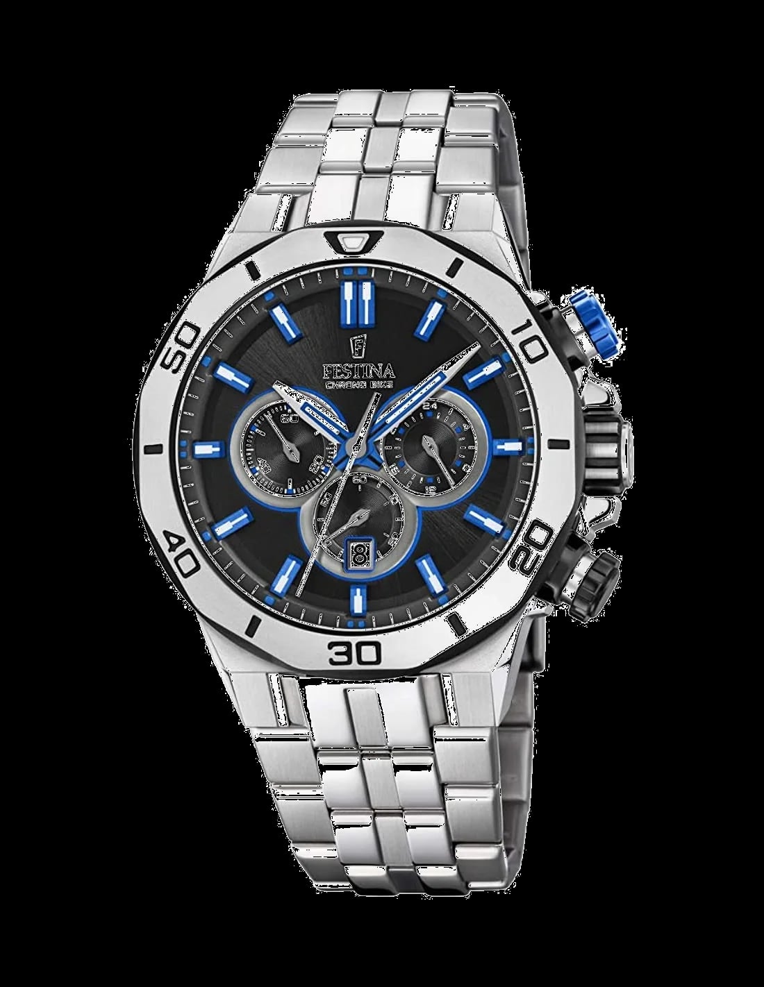 Montre Festina F20448/5 avec cadran noir soleillé, compteurs bleus et aiguilles luminescentes pour un look sportif