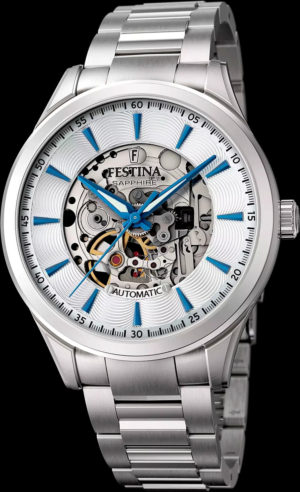 Montre Festina F20536/1 cadran squelette argenté, aiguilles bleuies, index appliqués, style élégant et sportif