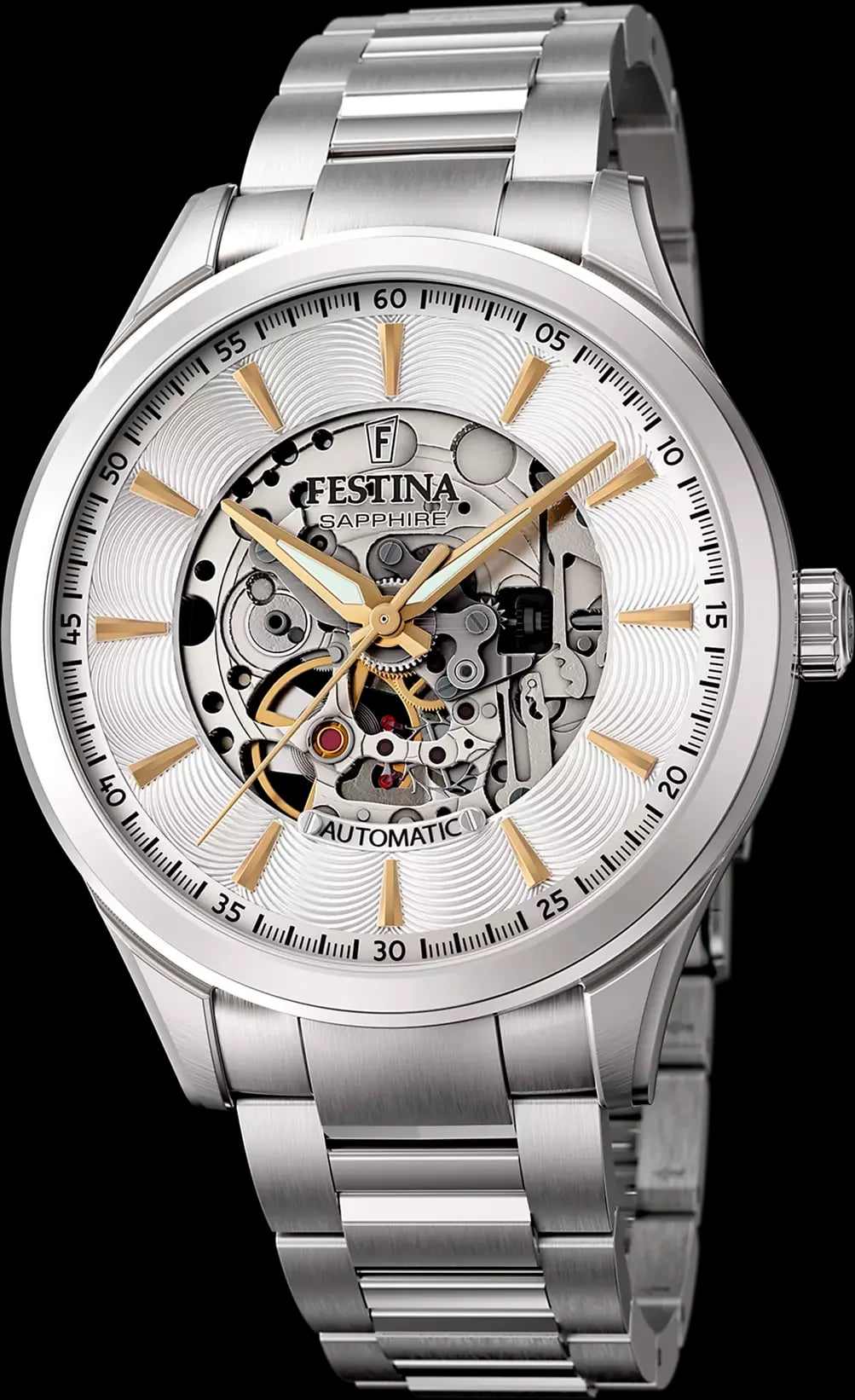 Montre Festina F20536/2 cadran squelette ouvert sur mouvement automatique, aiguilles argentées et index bâtons sur fond gris soleillé