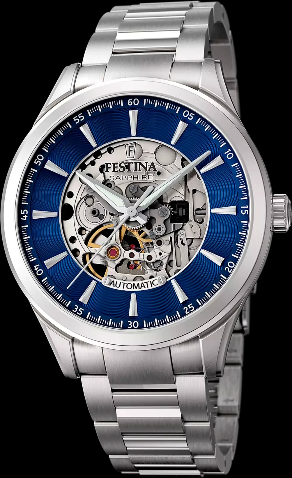 Montre Festina F20536/3 cadran squelette noir et argent, aiguilles luminescentes, index bâtons, guichet date 3h