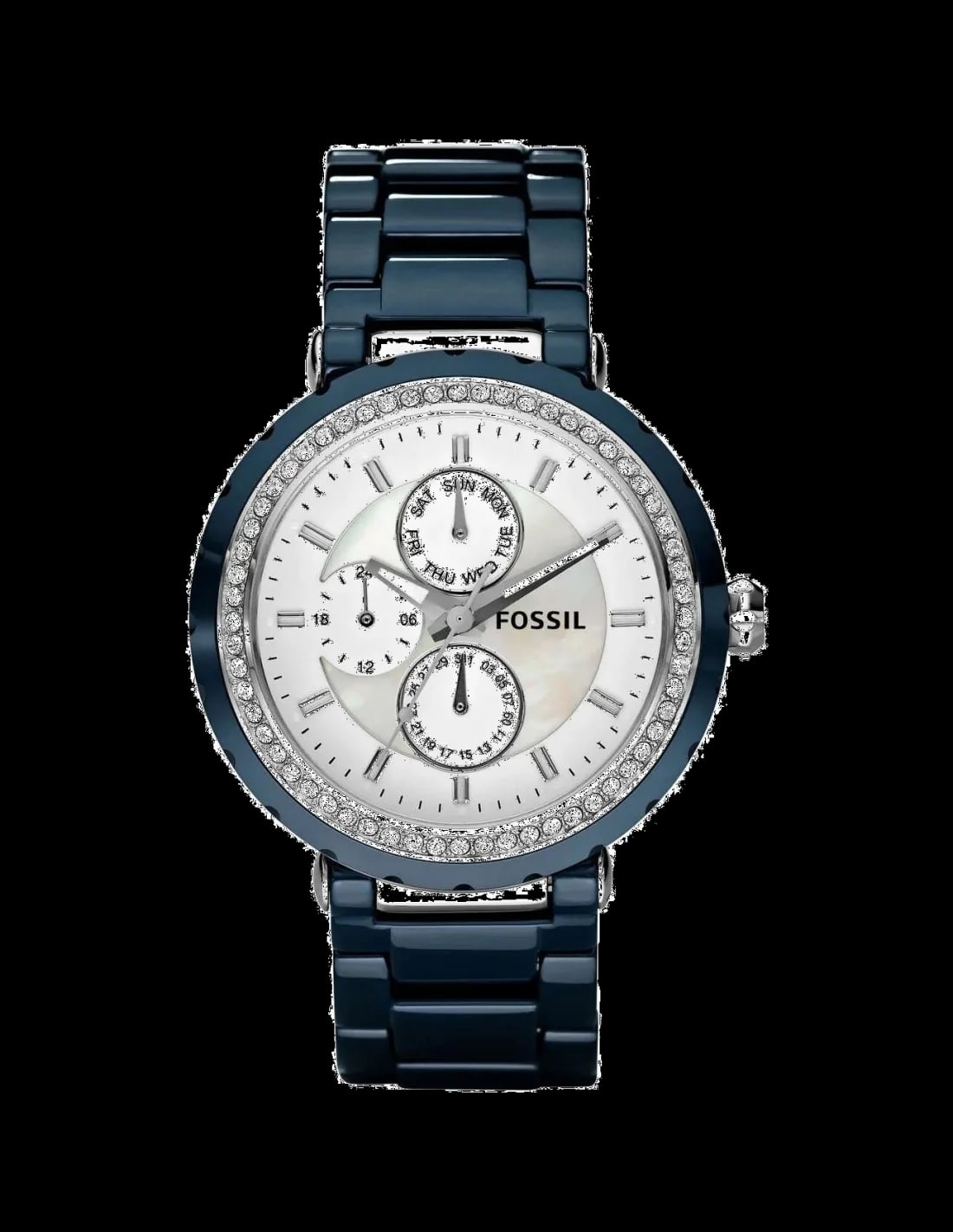 Montre Fossil CE1047 au cadran bleu soleillé et boîtier acier brillant, style chic décontracté