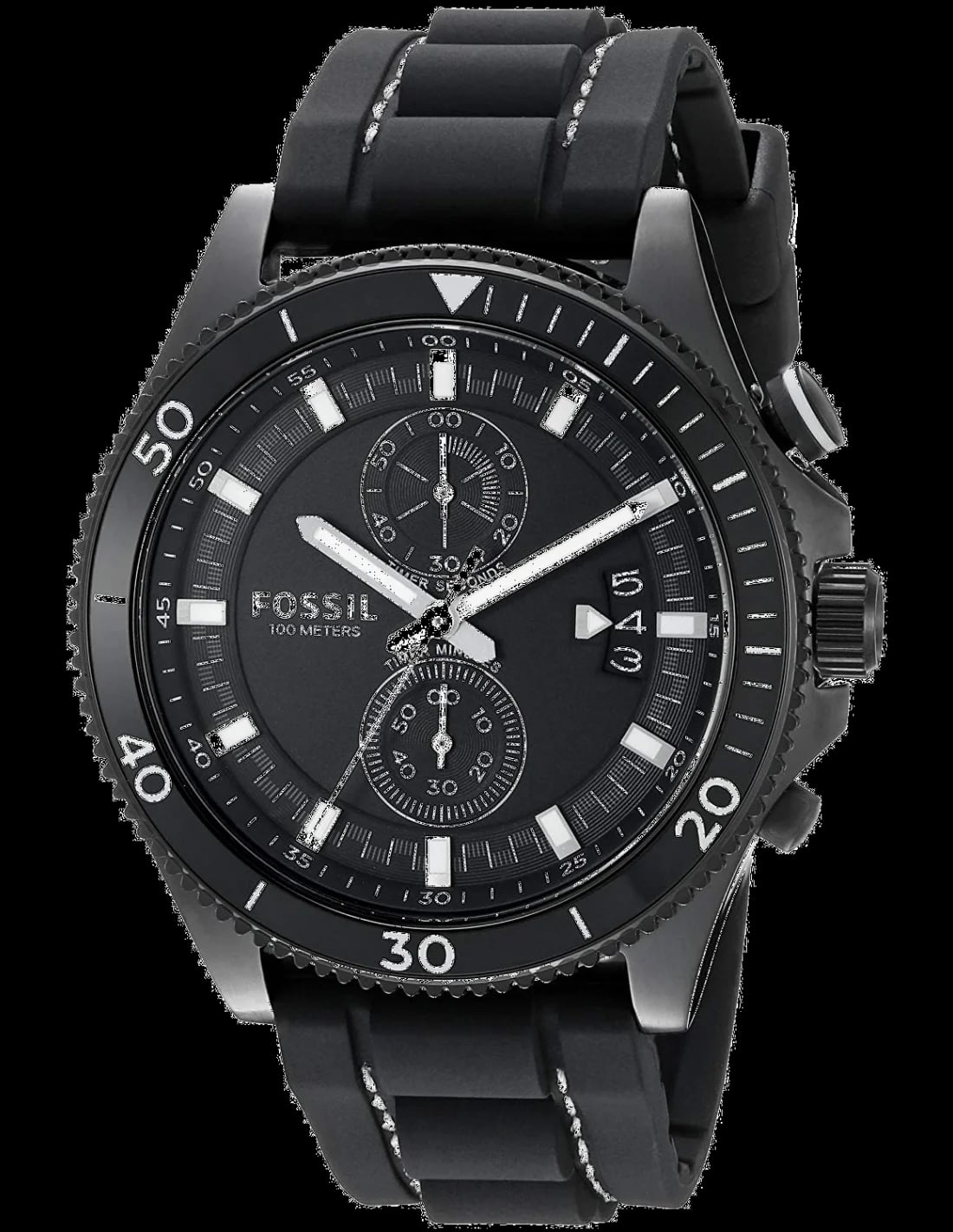 Montre Fossil CH3010 cadran noir soleil, aiguilles luminescentes et index bâton, style sport chic