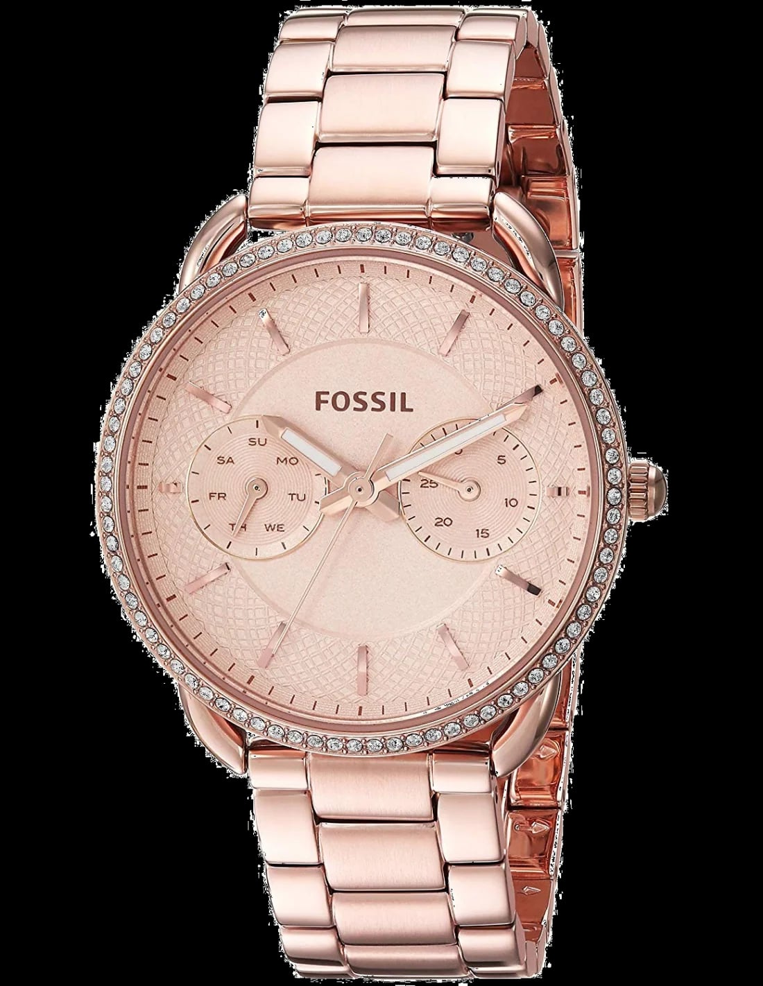 Montre Fossil ES4264 au cadran blanc et boîtier acier doré rose, style élégant et moderne