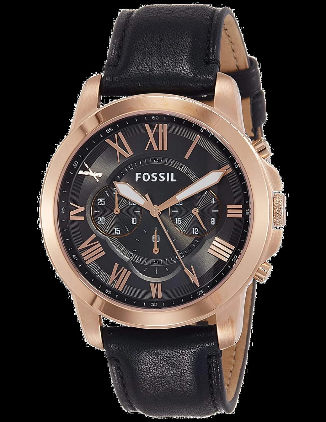 Montre Fossil FS5085 cadran noir soleil avec index bâtons et aiguilles argentées, style classique moderne