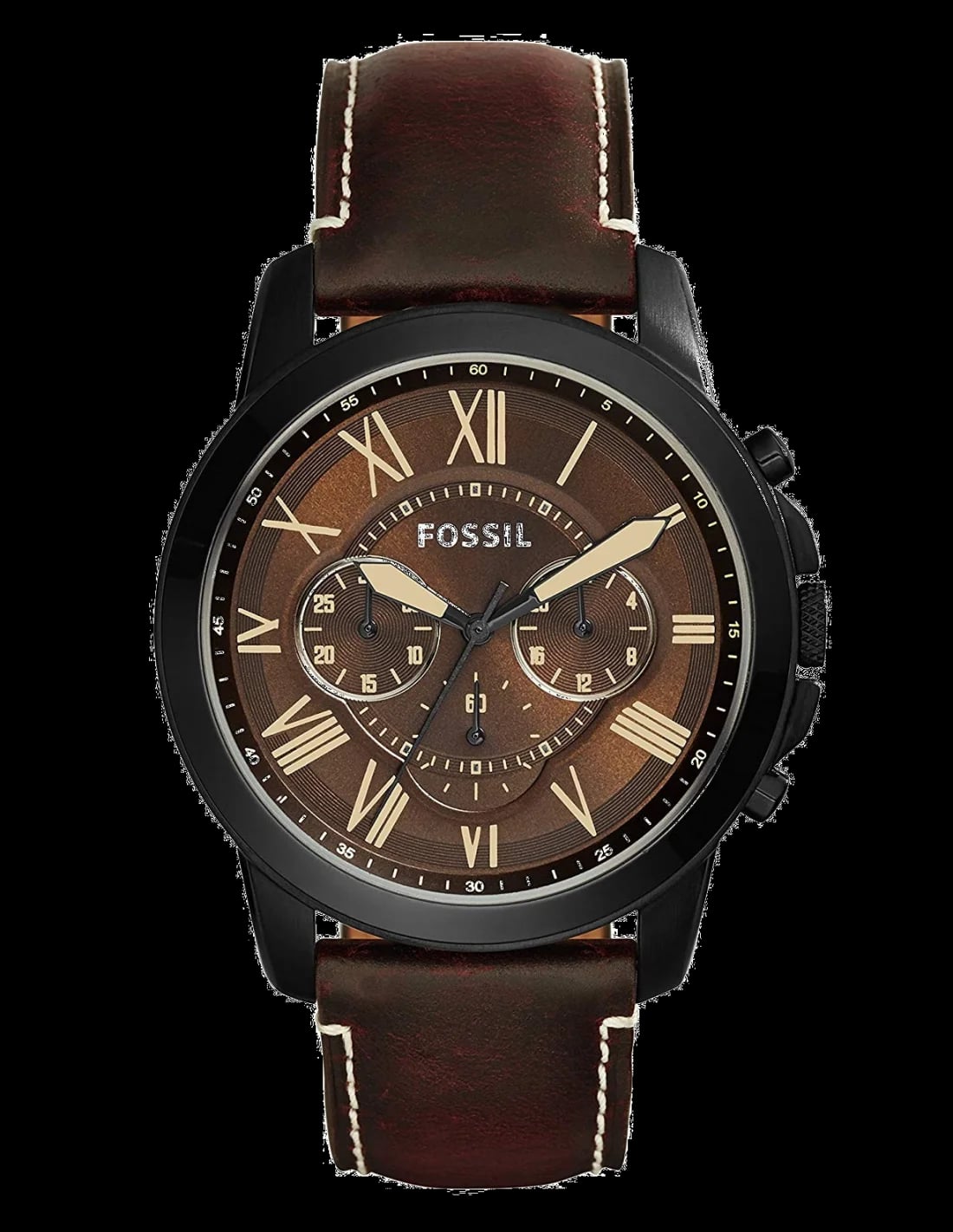 Montre Fossil FS5088 avec cadran marron soleil, aiguilles argentées et index bâtons, style vintage