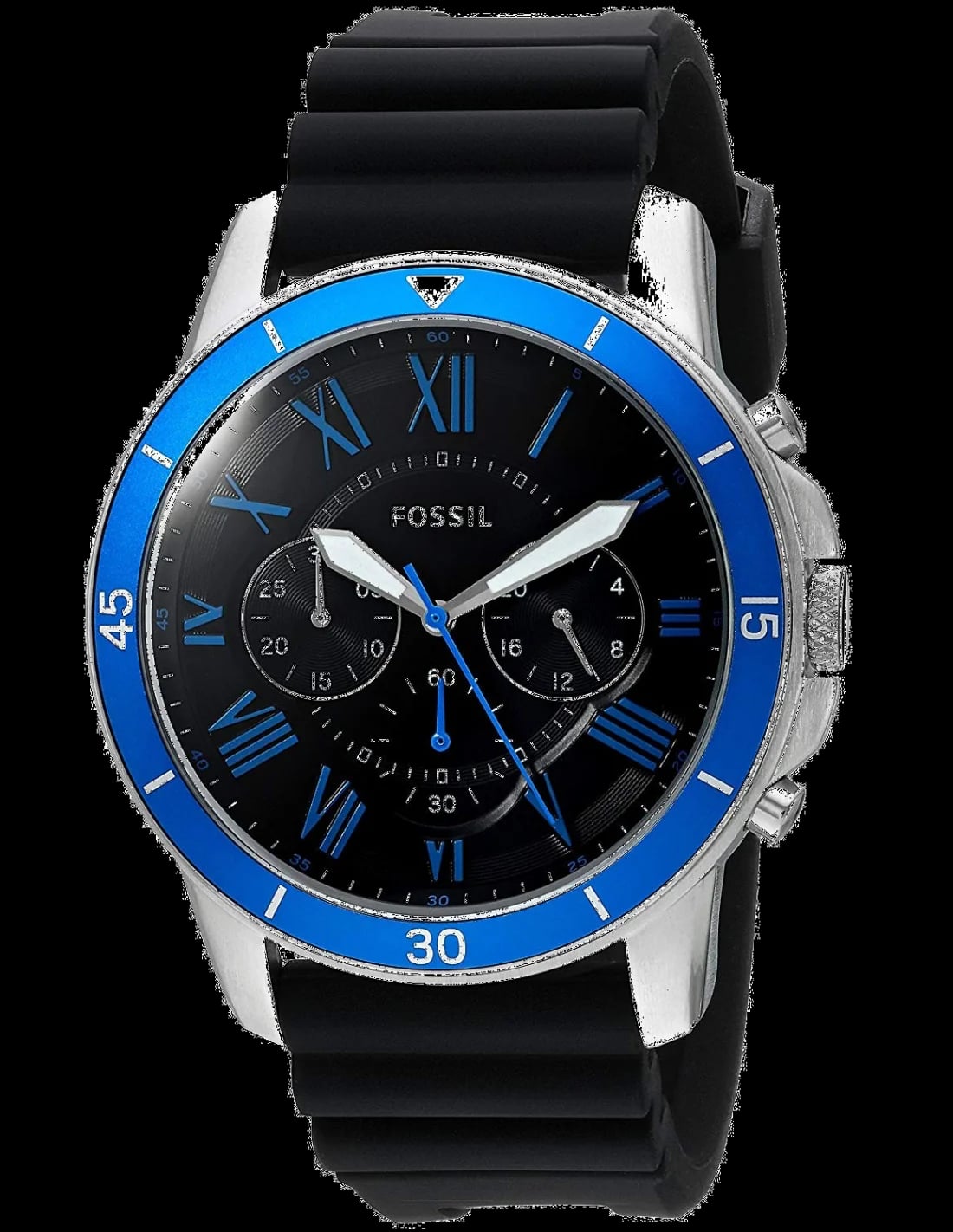 Montre Fossil FS5300 avec cadran noir soleil et aiguilles luminescentes chromées sur fond gris foncé