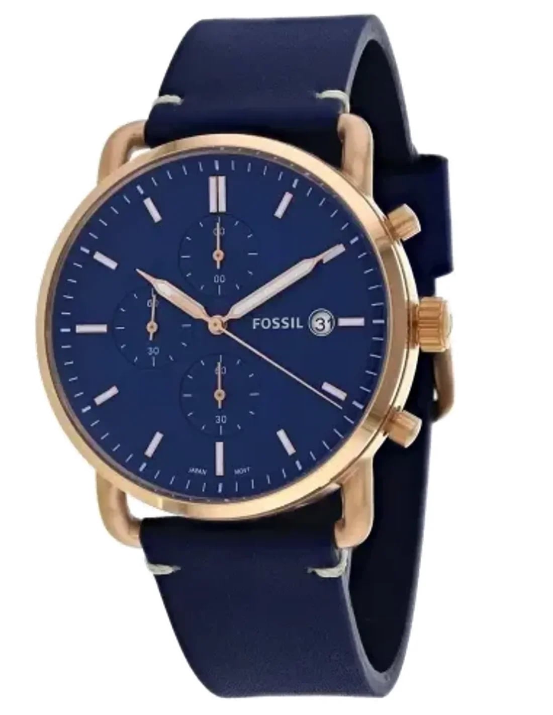 Montre Fossil FS5404 au cadran noir soleil, index appliqués et aiguilles argentées, style vintage moderne