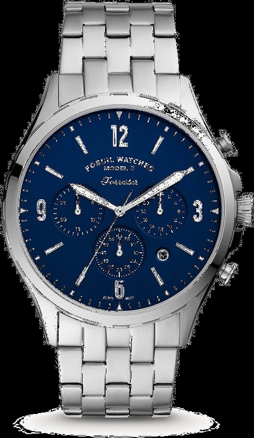Montre Fossil FS5605 chronographe acier argenté cadran bleu 46mm