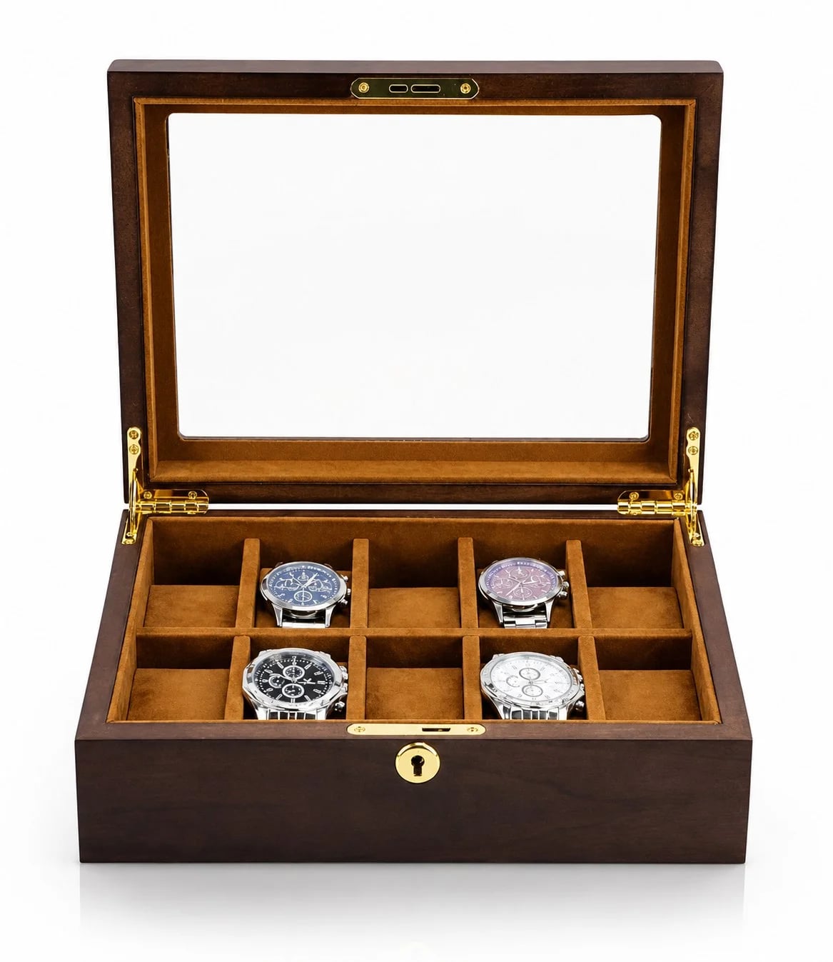 Boîte à montres Ravello noyer à 10 compartiments et couvercle vitré