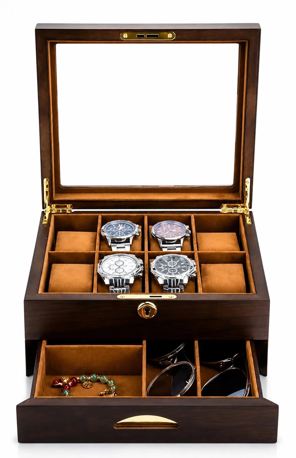 Boîte à montres Ravello noyer à 8 compartiments avec tiroir à bijoux vue 2