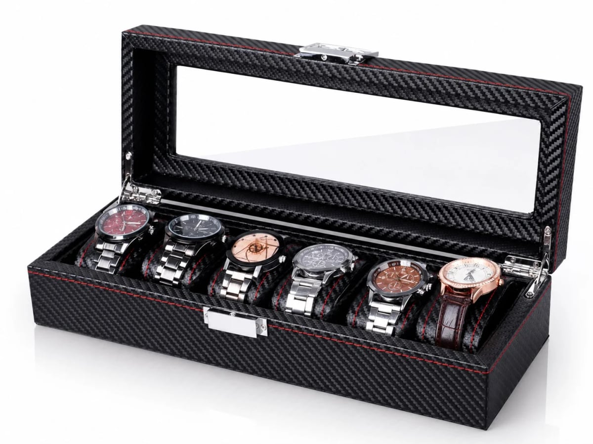 Boîte à montres Monza effet carbone à 6 compartiments et couvercle vitré
