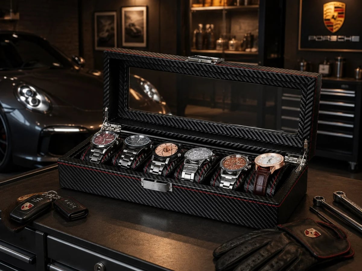 Boîte à montres Monza effet carbone à 6 compartiments et couvercle vitré vue 4
