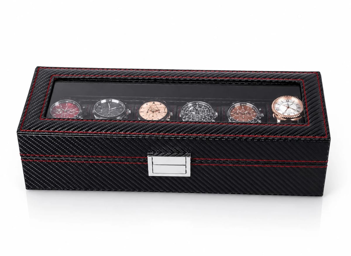 Boîte à montres Monza effet carbone à 6 compartiments et couvercle vitré vue 2
