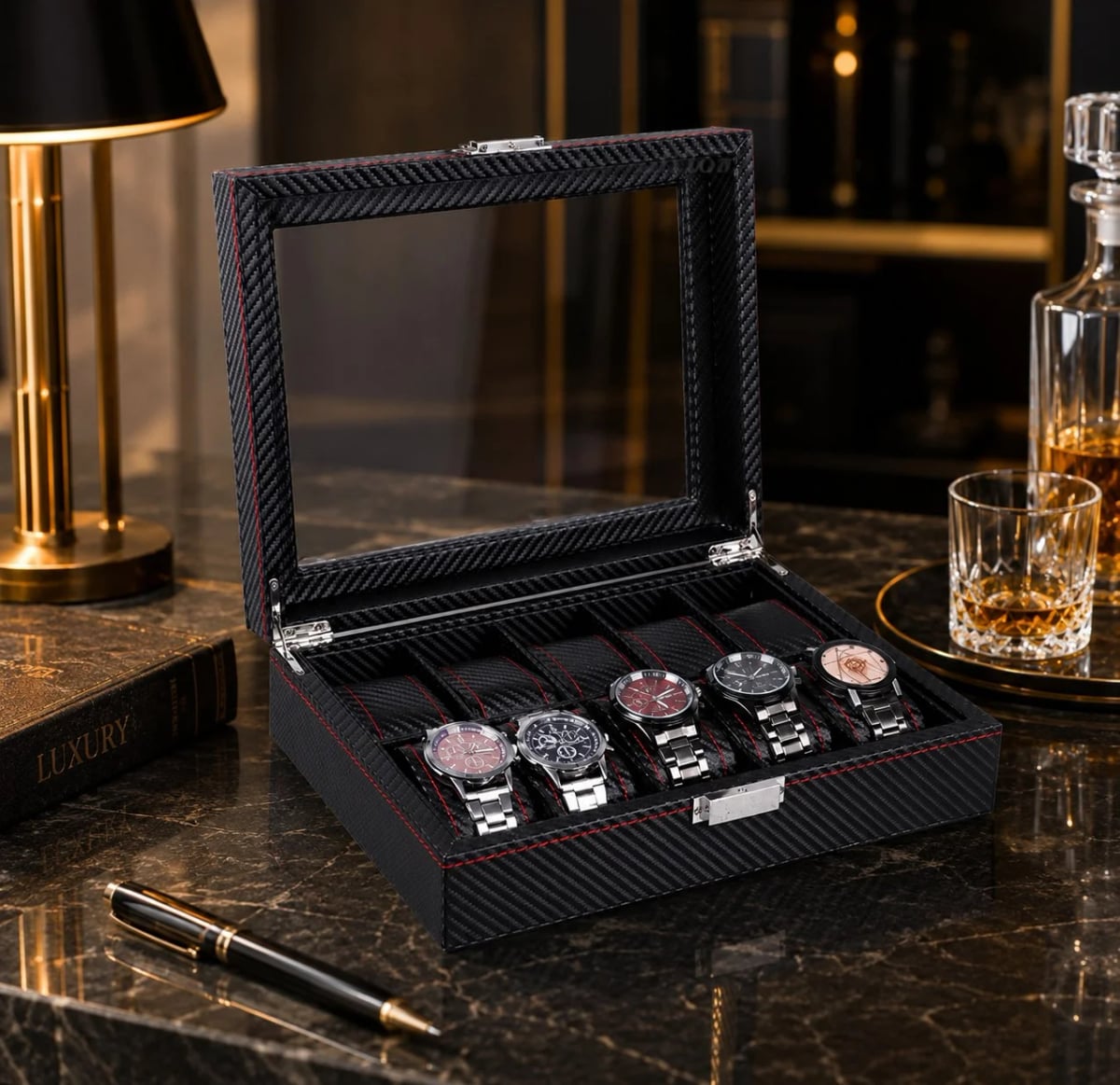 Boîte à montres Monza effet carbone à 10 compartiments et couvercle vitré vue 4
