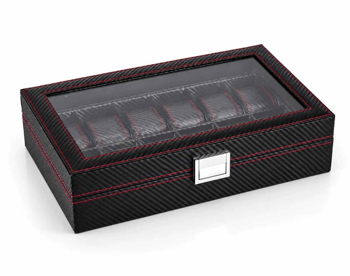 Boîte à montres Monza effet carbone à 10 compartiments et couvercle vitré vue 3