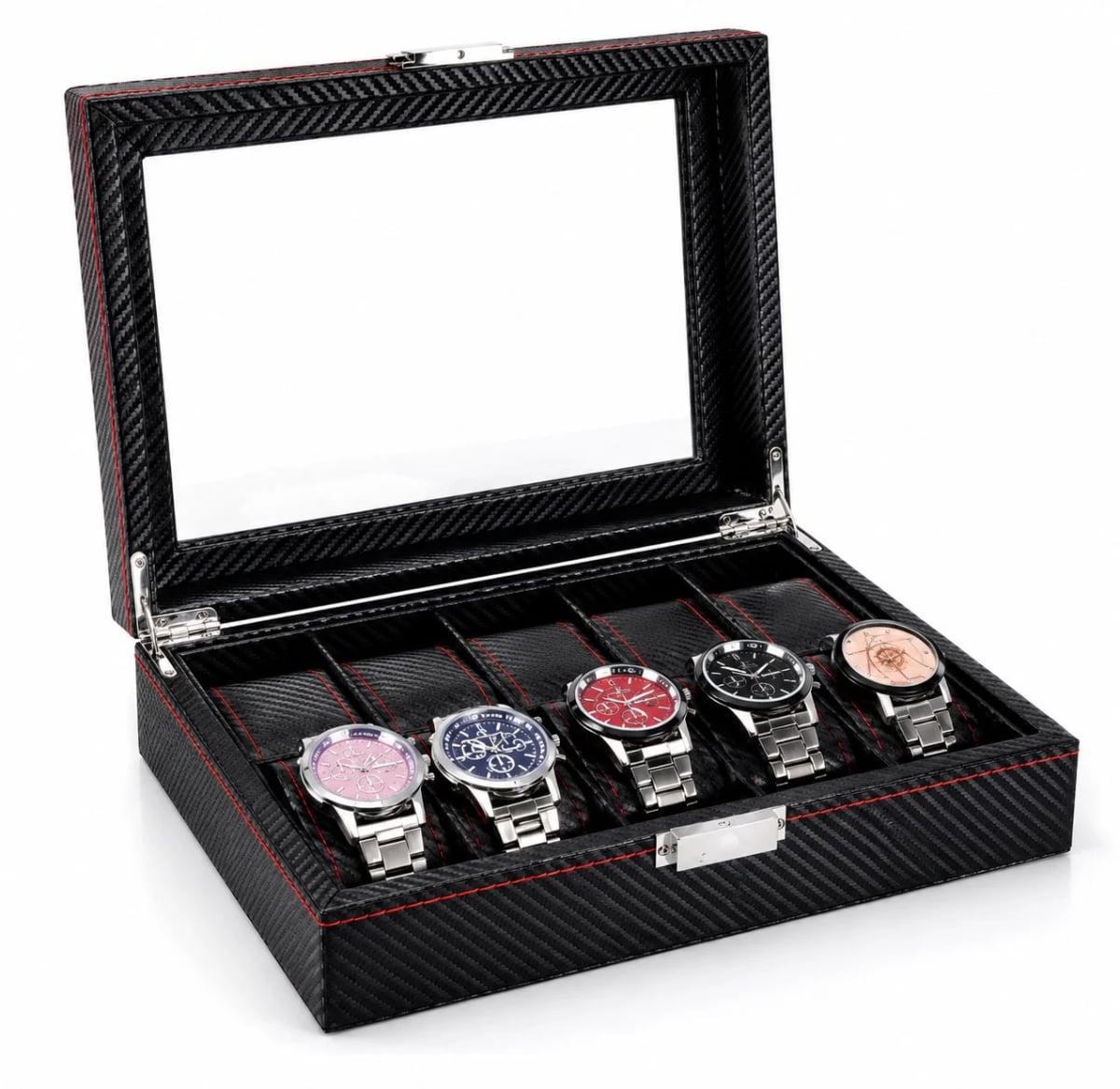 Boîte à montres Monza effet carbone à 10 compartiments et couvercle vitré