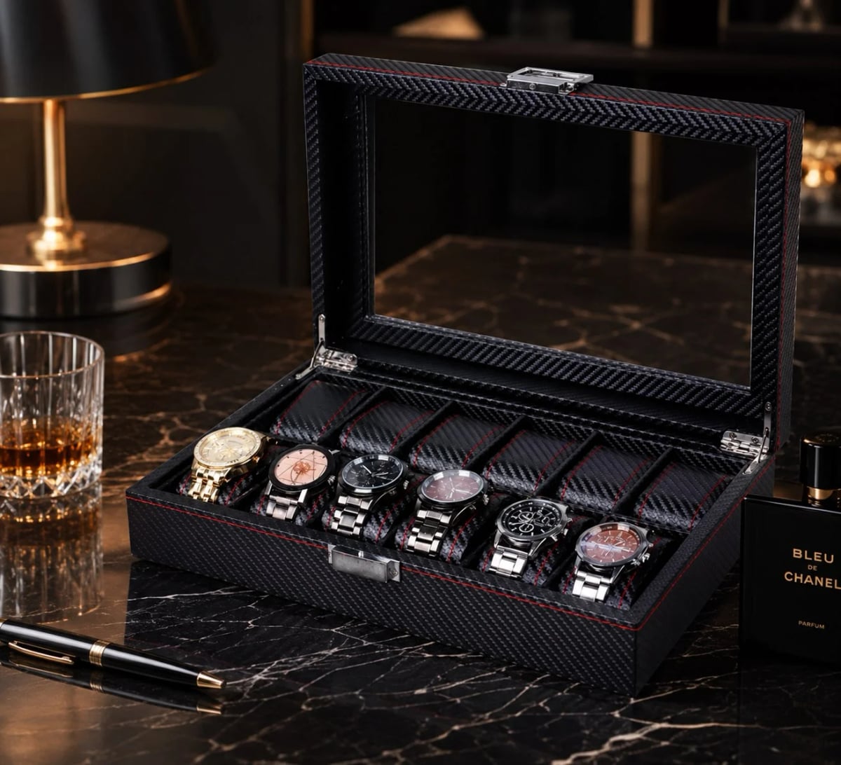 Boîte à montres Monza effet carbone à 12 compartiments et couvercle vitré vue 4
