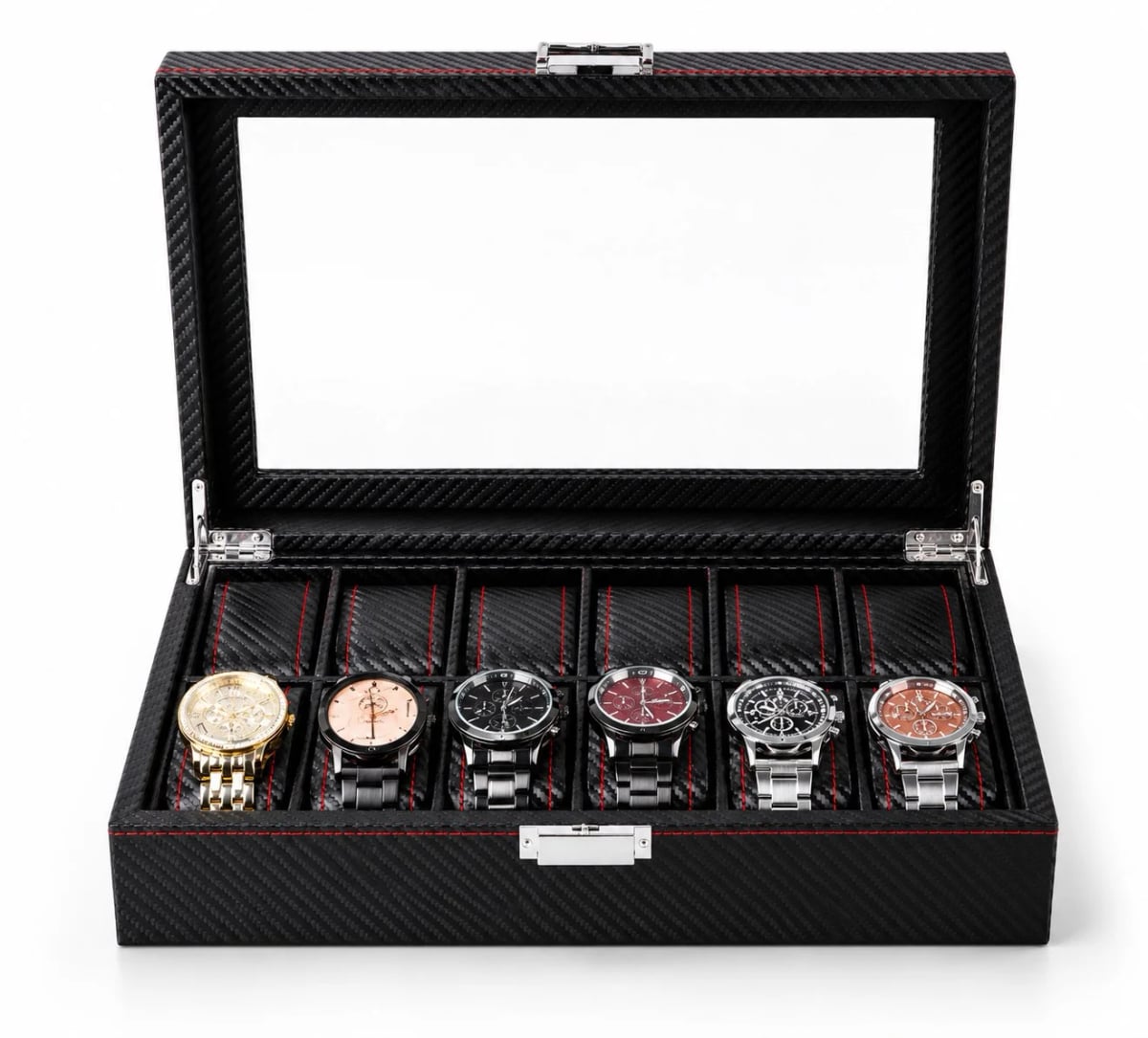 Boîte à montres Monza effet carbone à 12 compartiments et couvercle vitré vue 2