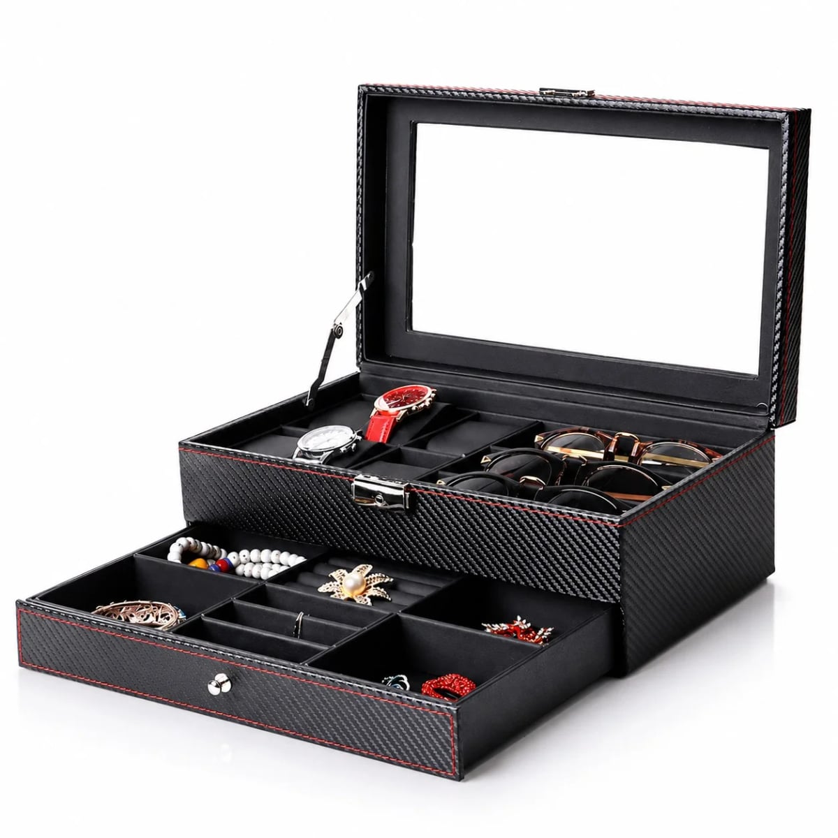Coffret Monza effet carbone à montres et bijoux avec double tiroir