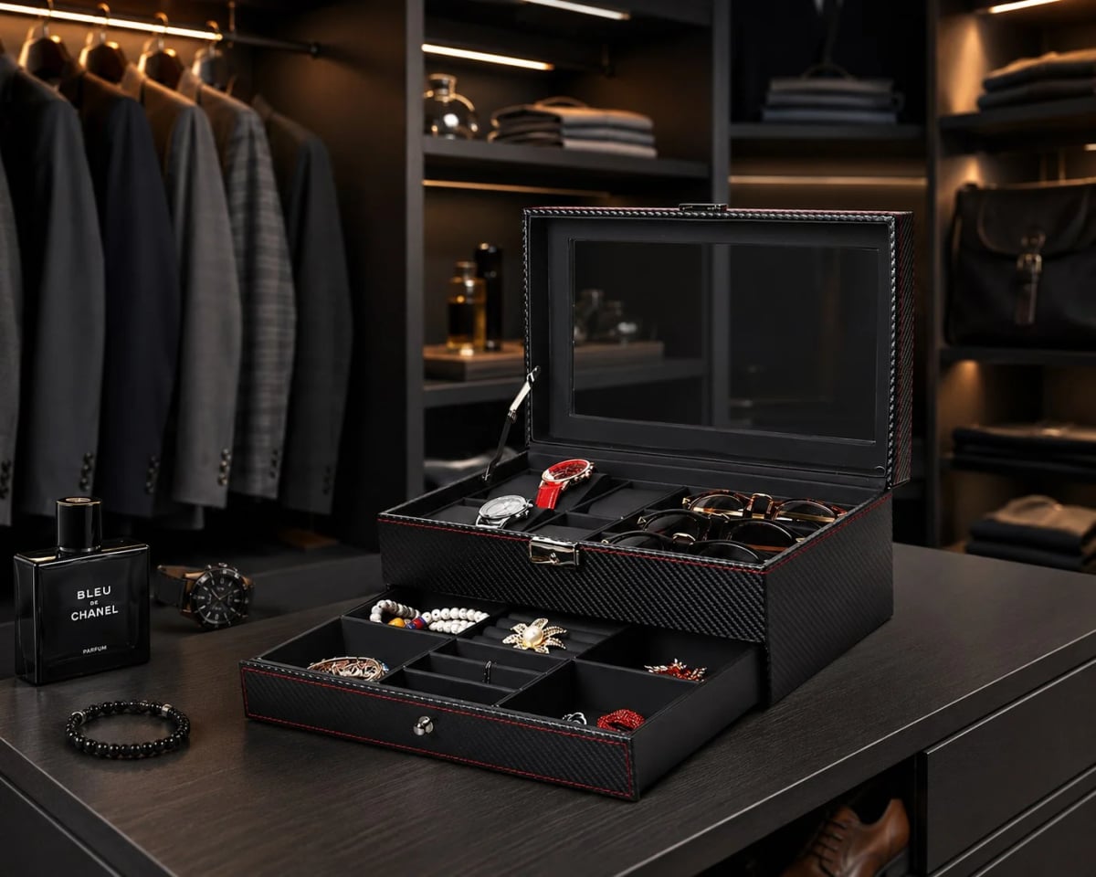 Coffret Monza effet carbone à montres et bijoux avec double tiroir vue 3