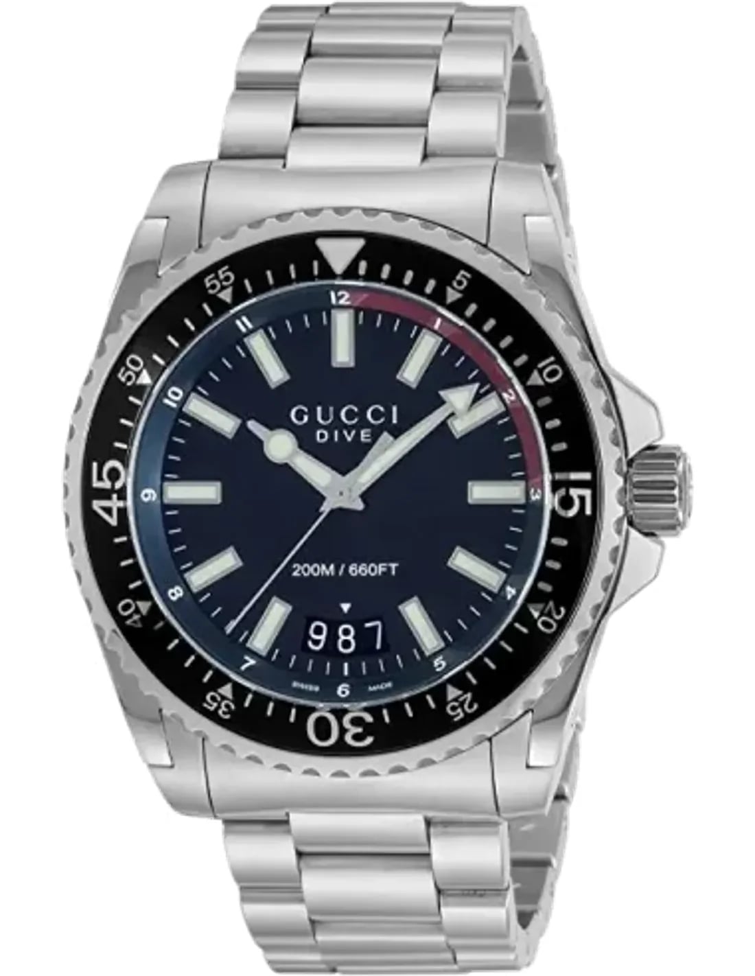 Montre Gucci YA136212 cadran bleu soleil avec index bâtons et aiguilles luminescentes, style plongeur sportif élégant