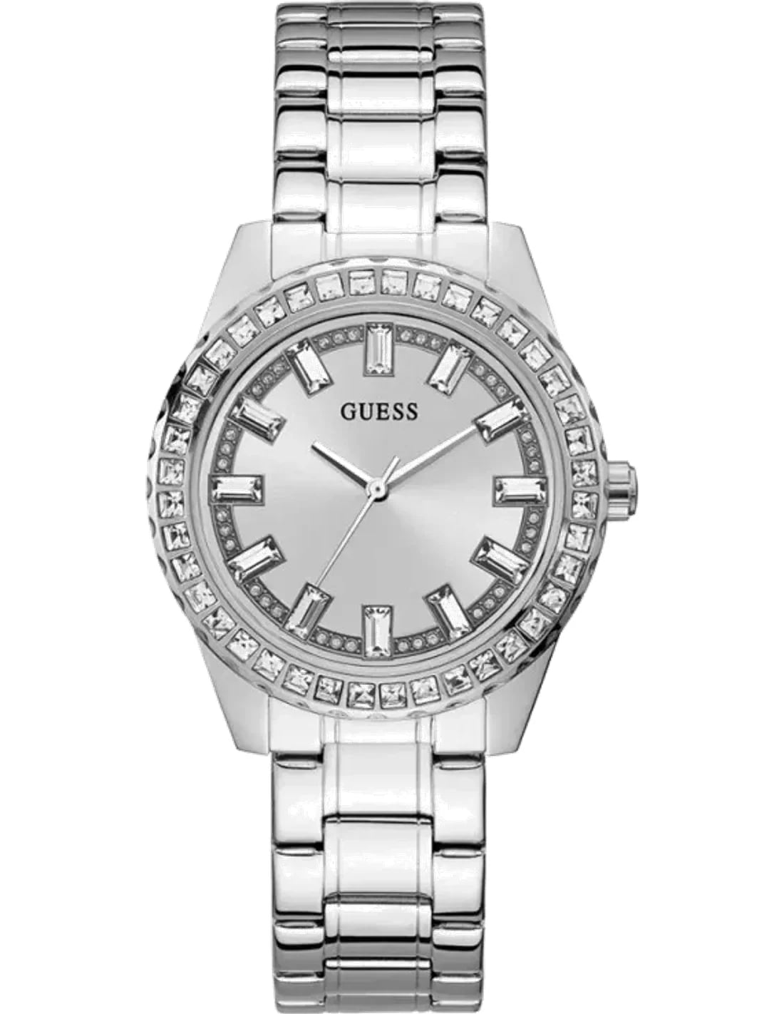 Montre Guess GW0111L1 avec cadran blanc, index strass et aiguilles argentées style raffiné