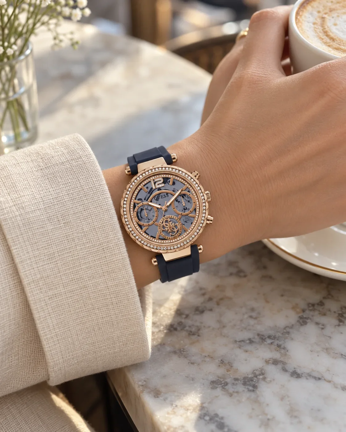Montre femme Guess GW0484L2 portée au poignet en ville