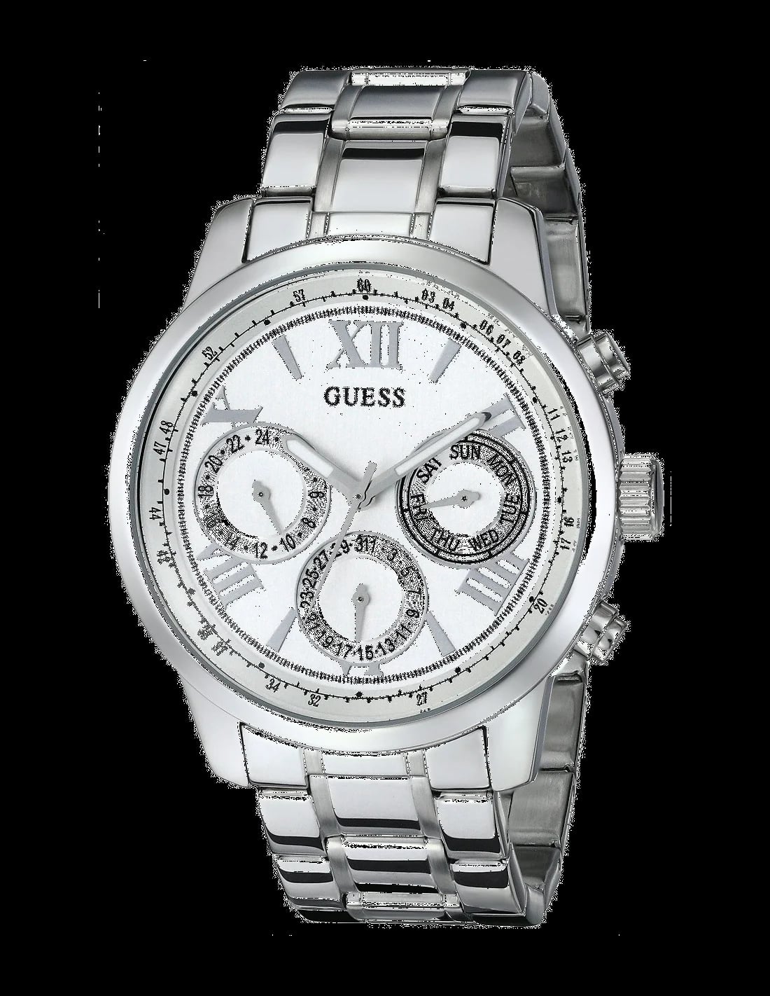 Montre Guess W0330L3 au cadran argenté avec index bâtons et aiguilles lumineuses, style sporty chic