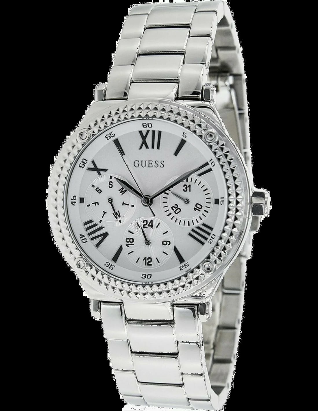 Montre Guess W0331L1 au cadran argenté rayé soleil, aiguilles dorées et index bâtons pour un style chic et lisible