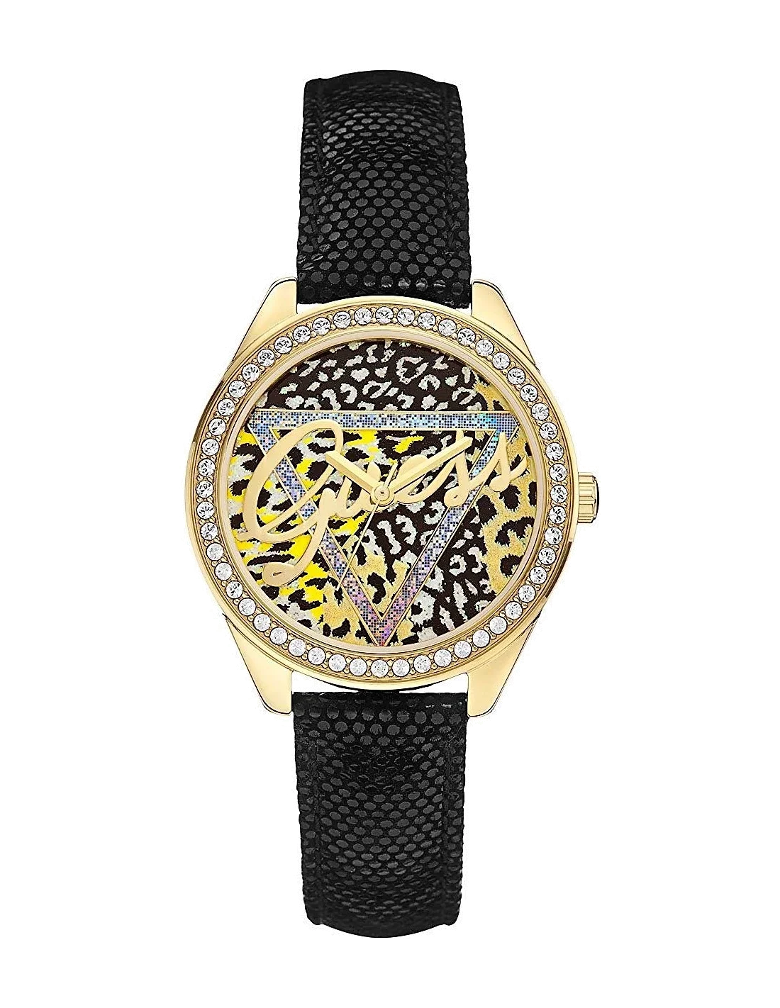 Montre Guess W0456L4 avec cadran noir et doré, motif léopard élégant