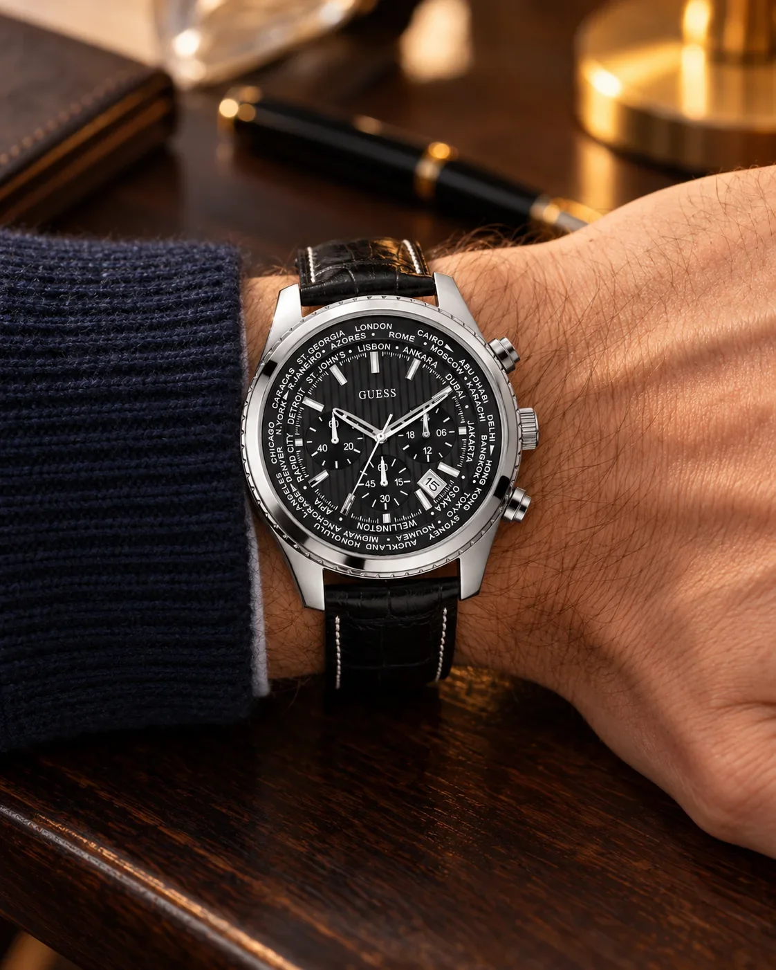 Montre homme Guess W0500G2 portée au poignet en ville