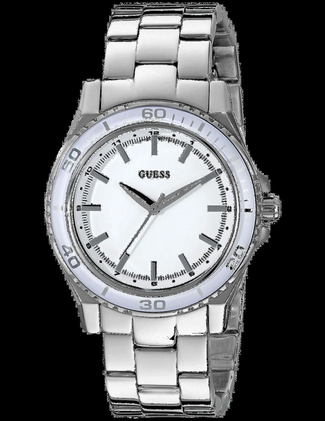 Montre Guess W0557L1 argentée à cadran blanc et index dorés, style chic et décontracté