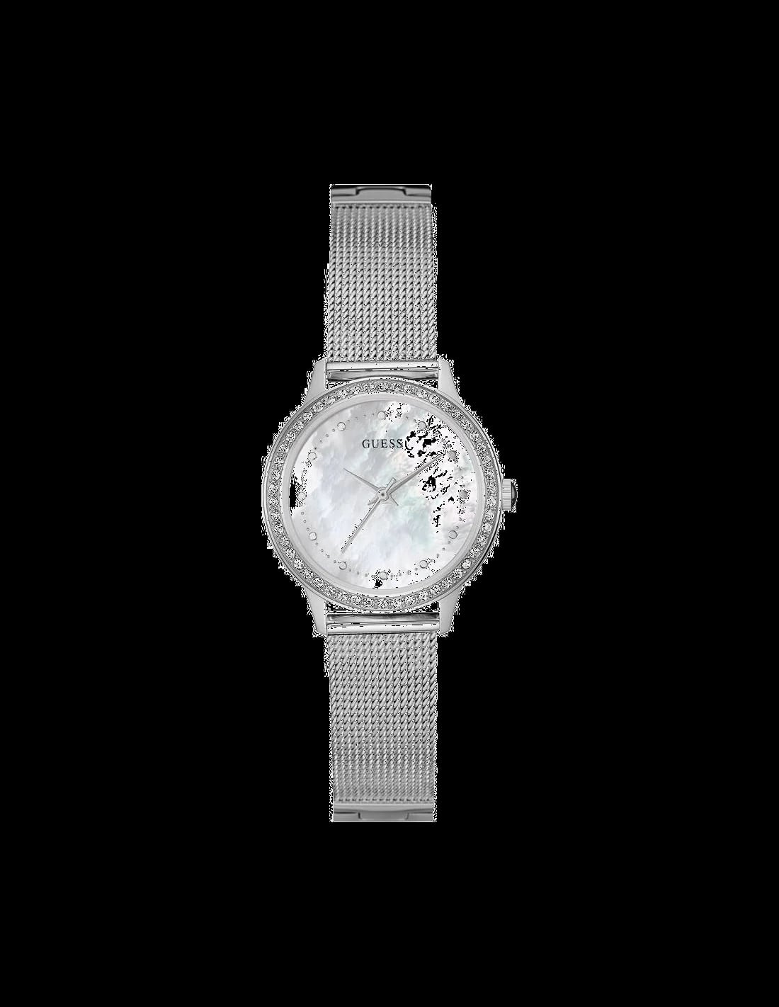 Montre Guess W0647L1 au cadran argenté rayé soleil, index bâtons et aiguilles dorés, style intemporel