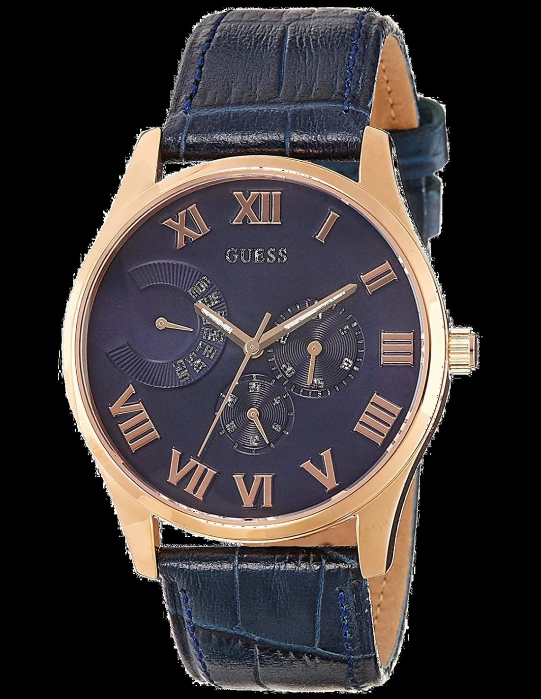 Montre Guess W0669G2 avec cadran bleu soleil, aiguilles argentées et index bâtons pour un style sport-chic