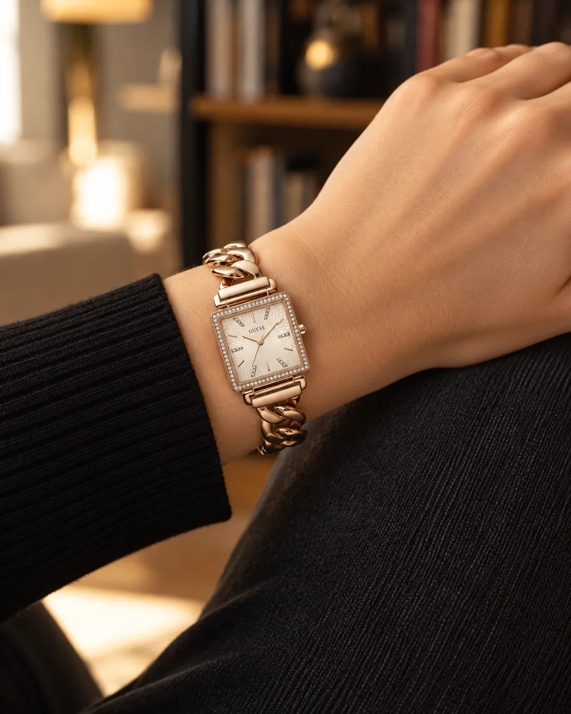 Montre femme Guess W1030L4 portée au poignet en ville