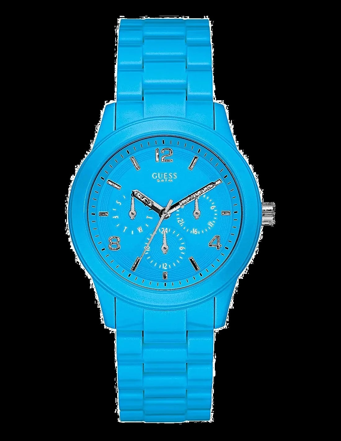 Montre Guess W11603L5 cadran blanc nacré, index dorés, aiguilles bâton, finitions lunette cristaux
