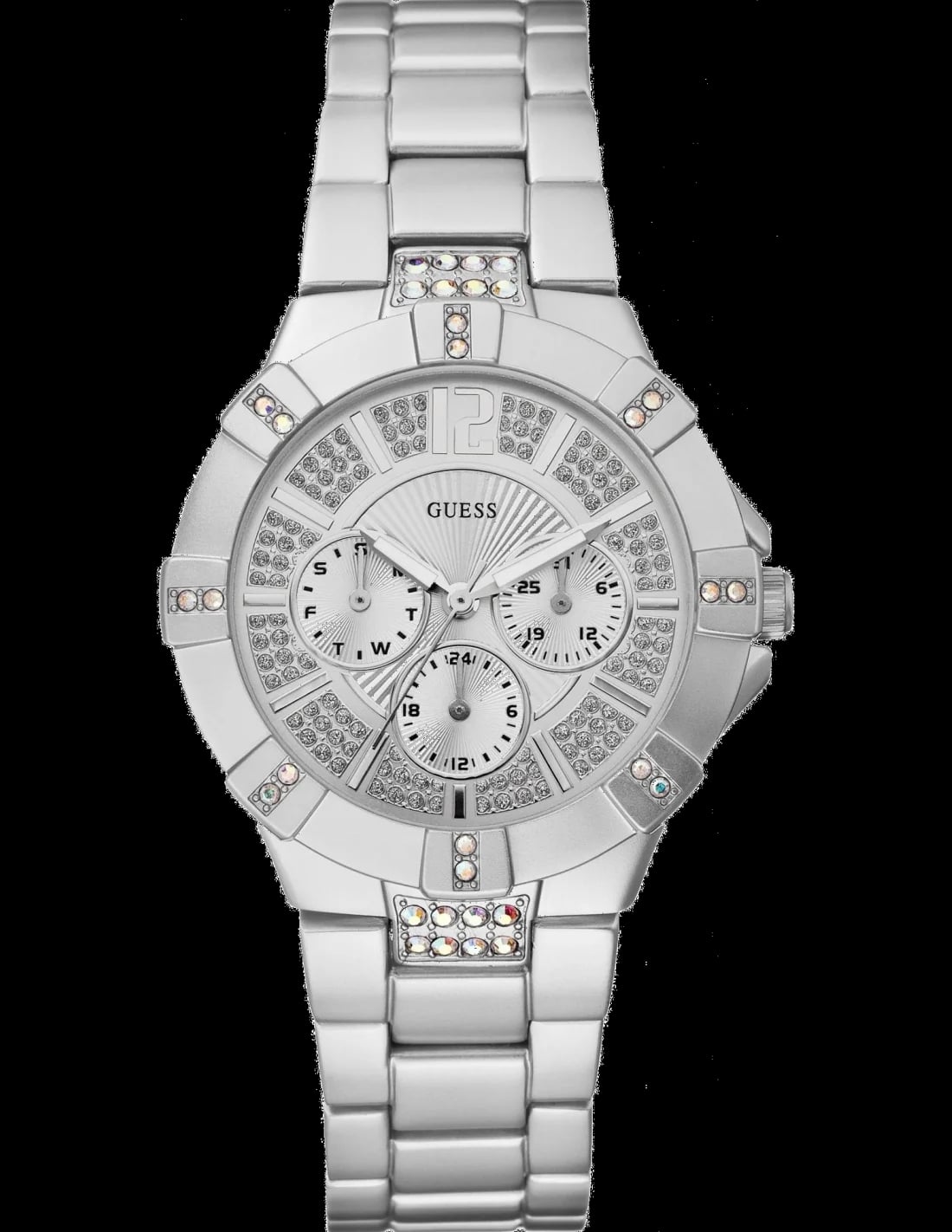 Montre Guess W11624L1 avec cadran argenté, index et aiguilles noirs, style sport chic