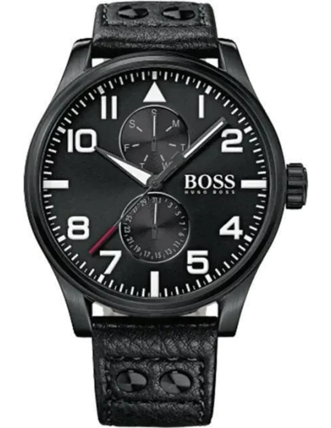 Montre Hugo Boss 1513083 au cadran noir soleillé, boîtier noir 45mm et bracelet cuir noir, élégance sobre