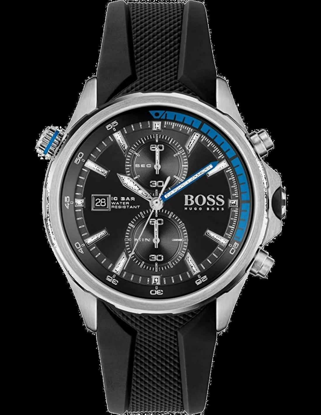 Montre Hugo Boss 1513820 cadran bleu soleil, index appliques et aiguilles luminescentes, guichet date à 3h